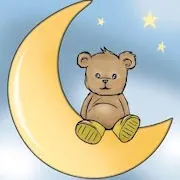 Illustration af bamse der sidder på en halvmåne under stjerner.