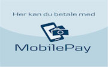 MobilePay logo til betaling. Tekst: "Her kan du betale med MobilePay."