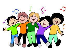 Illustration af fem glade børn der synger sammen med noder.