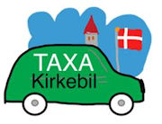 Tegning af grøn bil, kirketårn, dannebrog og teksten "KIRKEBIL".