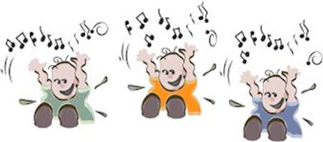 Tre smilende babyer synger eller bevæger sig til musik med noder over.